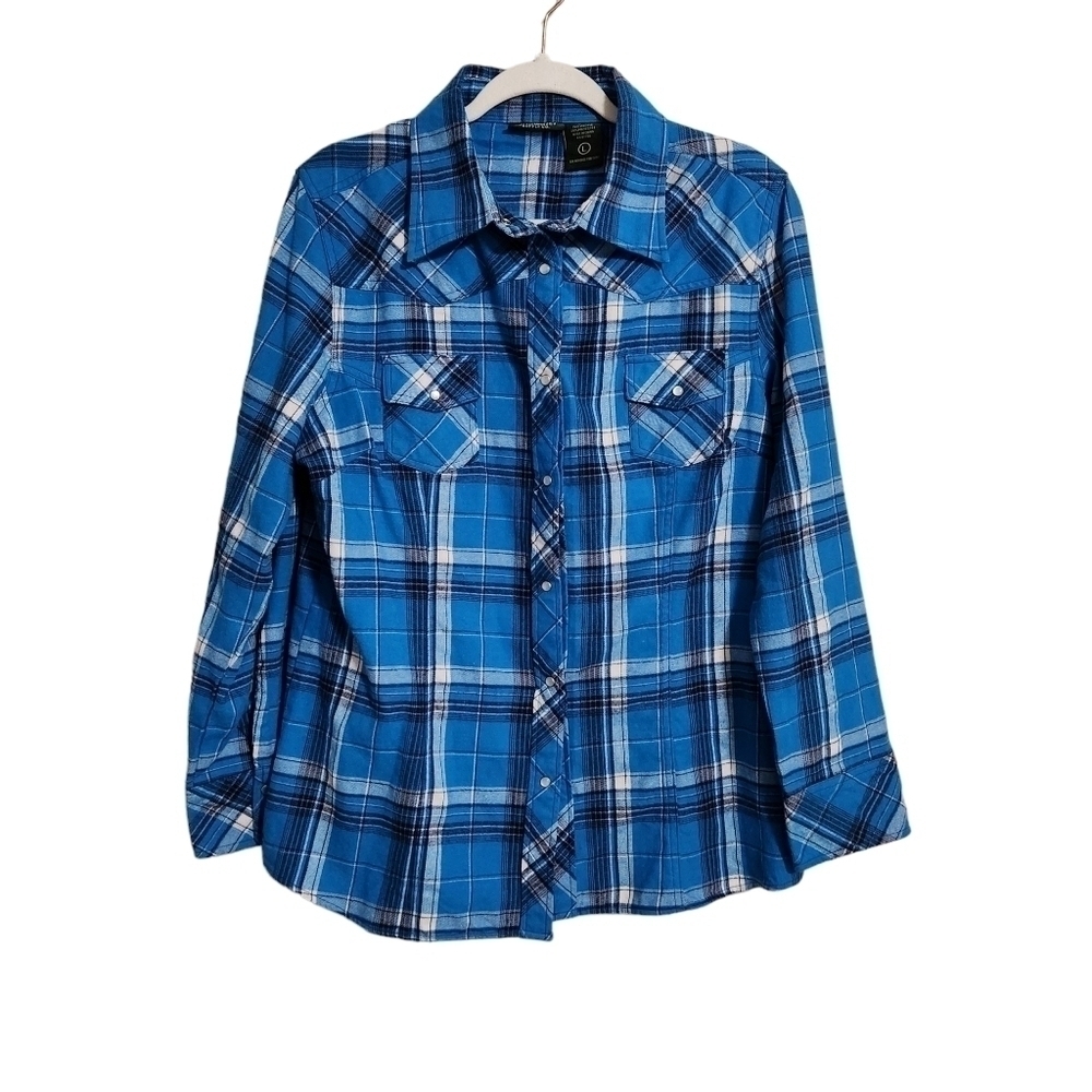 Stillwater Supply Co. Plaid Flannel Pearl Snap Western Blue Women's Sz L